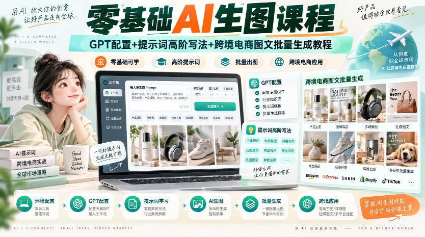 零基础AI生图课程,GPT配置+提示词高阶写法+跨境电商图文批量生成教程-我爱发帖