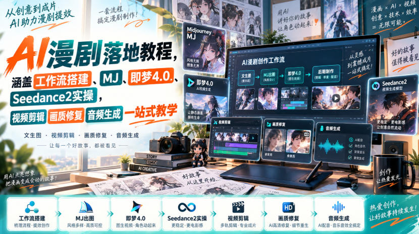 AI漫剧落地教程,涵盖工作流搭建、MJ、即梦4.0、Seedance2实操,视频剪辑画质修复音频生成一站式教学-我爱发帖