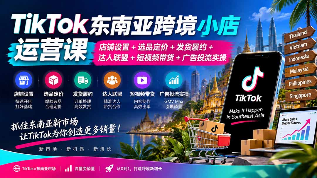 TikTok东南亚跨境小店运营课：店铺设置+选品定价+发货履约+达人联盟+短视频带货+广告投流实操｜焦圣希 18818568866