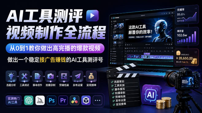 AI工具测评视频制作全流程，从0到1教你做出高完播的爆款视频，做出一个稳定接广告賺钱的AI工具测评号-吾爱自习网
