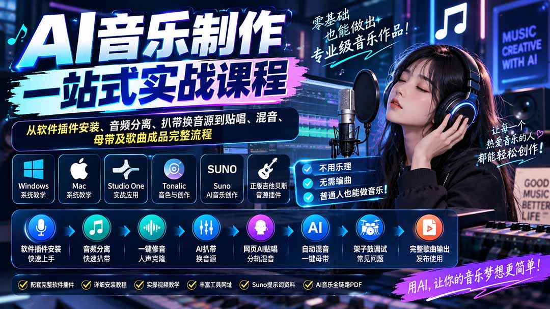 AI音乐制作一站式实战课程：从软件插件安装、音频分离、扒带换音源到贴唱、混音、母带及歌曲成品完整流程-我爱发帖