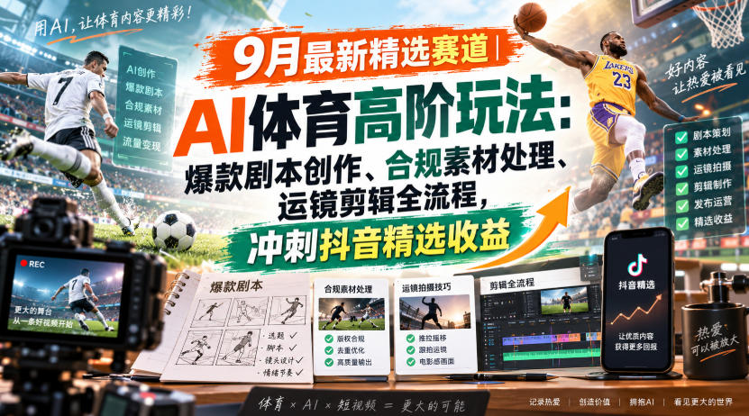某大佬的9月最新精选赛道之AI体育顶级玩法，爆款剧本创作、版权规避、运镜剪辑全流程，稳拿抖音精选收益-我爱发帖