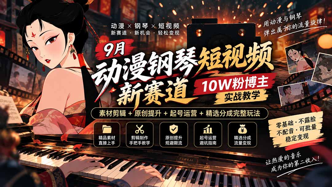 9月动漫钢琴短视频新赛道｜10W粉博主实战教学，素材剪辑+原创提升+起号运营+精选分成完整玩法-喜学网