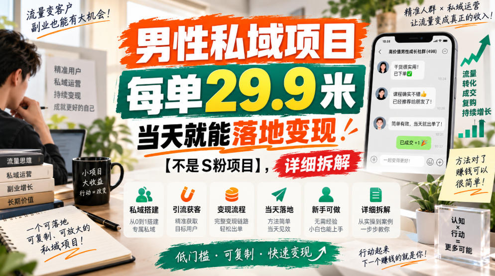 男性私域项目，每单29.9米，当天就能落地变现【不是S粉项目】，详细拆解-喜学网