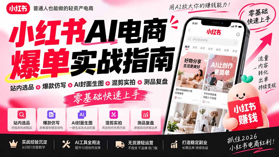 2026小红书AI电商爆单实战指南：站内选品+爆款仿写+AI封面生图+混剪实拍+测品复盘，零基础快速上手-我爱发帖