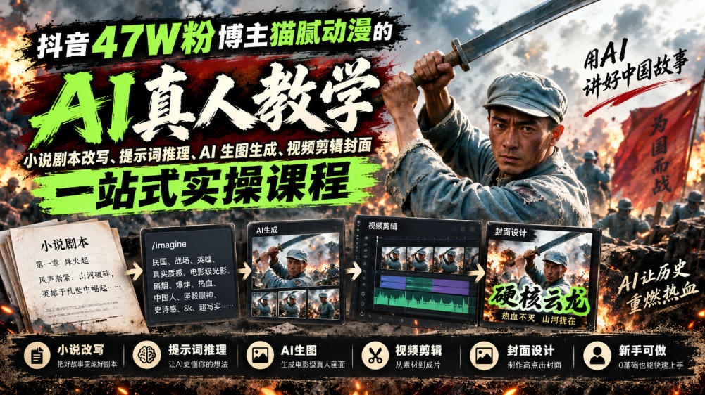 抖音47W粉博主猫腻动漫的AI真人漫剧教学，小说剧本改写、提示词推理、AI生图生成、视频剪辑封面一站式实操课程-喜学网