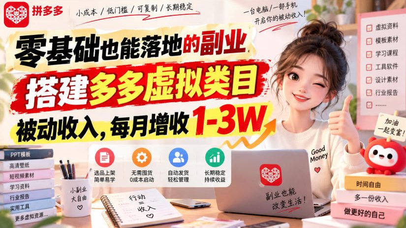 零基础也能落地的副业，搭建多多虚拟类目被动收入，每月增收1-3W【揭秘】-喜学网