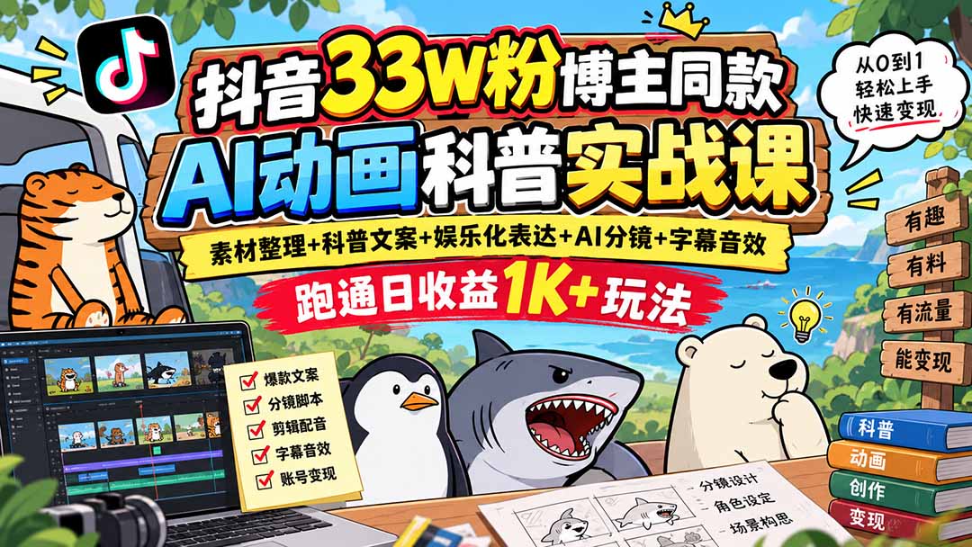 抖音33W粉博主同款AI动画科普实战课｜素材整理+科普文案+娱乐化表达+AI分镜+字幕音效，跑通日收益1K+玩法-喜学网