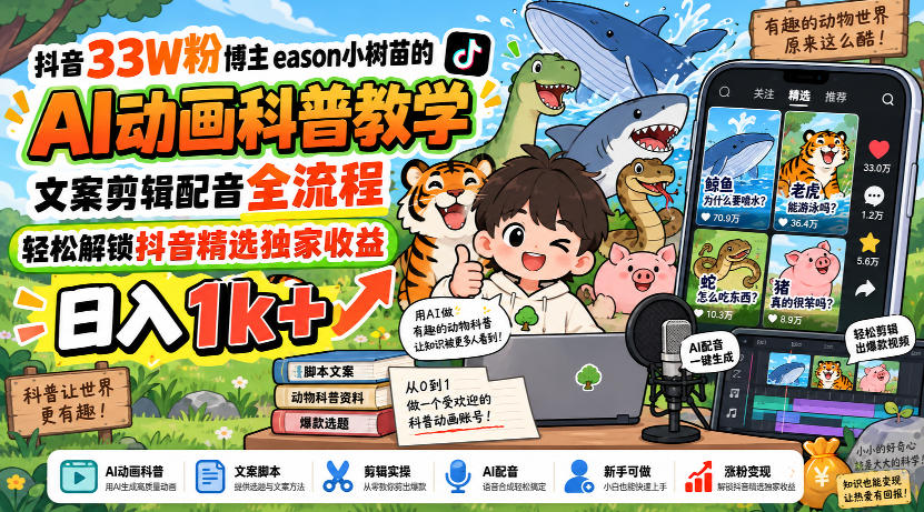 抖音33W粉博主eason小树苗的AI动画科普教学，文案剪辑配音全流程，轻松解锁抖音精选独家收益，日入1k+福星网赚创业资源-网赚项目-副业赚钱-互联网创业-资源整合福星网赚资源