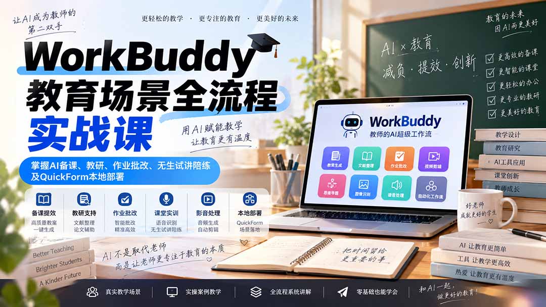 WorkBuddy教育场景全流程实战课：掌握AI备课、教研、作业批改、无生试讲陪练及QuickForm本地部署-我爱发帖