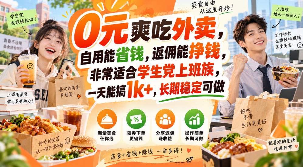 0元爽吃外卖，自用能省钱，返佣能挣钱，非常适合学生党上班族，一天能搞1k+，长期稳定可做-喜学网