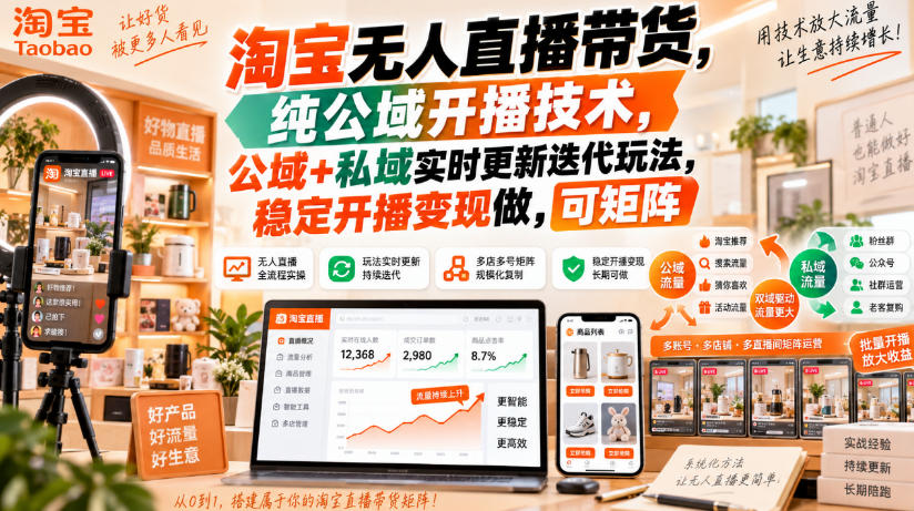 淘宝无人直播带货，纯公域开播技术，公域+私域实时更新迭代玩法，稳定开播变现做，可矩阵【揭秘】-喜学网