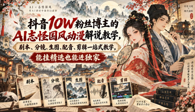 抖音10W粉丝博主满堂诡事的AI志怪国风动漫解说教学,剧本、分镜、生图、配音、剪辑一站式教学,能挂精选也能进独家-吾爱自习网