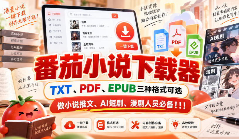 番茄小说下载器，TXT、PDF、EPUB三种格式可选，做小说推文、AI短剧、漫剧人员必备！！！-喜学网