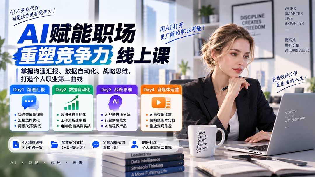 AI职场提效与第二曲线实战课-无水印：学习沟通汇报、数据工作流和战略思维，掌握AI编程做产品及自媒体运营方法-吾爱自习网