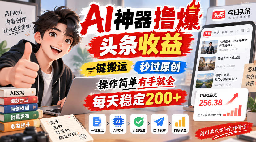 AI神器撸爆头条收益,一键搬运,秒过原创,操作简单有手就会,每天稳定200+【揭秘】-吾爱自习网