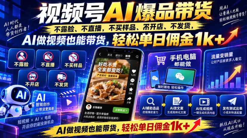 视频号Ai爆品带货,不露脸、不直播、不买样品、不开店、不发货,AI做视频也能带货,轻松单日佣金1k+-吾爱自习网