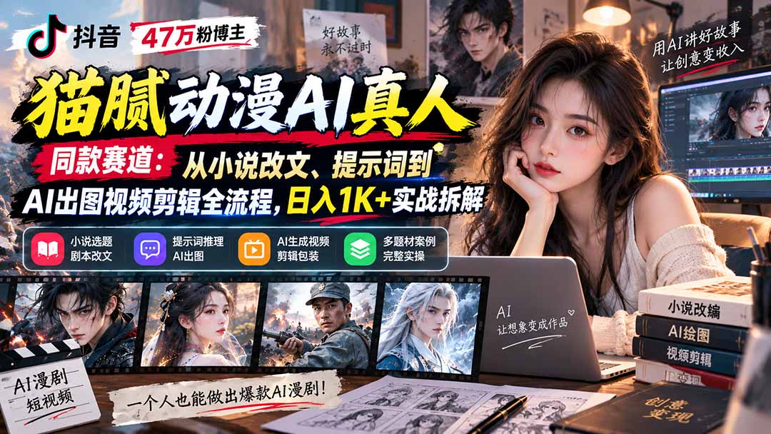 抖音47万粉博主猫腻动漫AI真人同款赛道：从小说改文、提示词到AI出图视频剪辑全流程，日入1K+实战拆解-喜学网