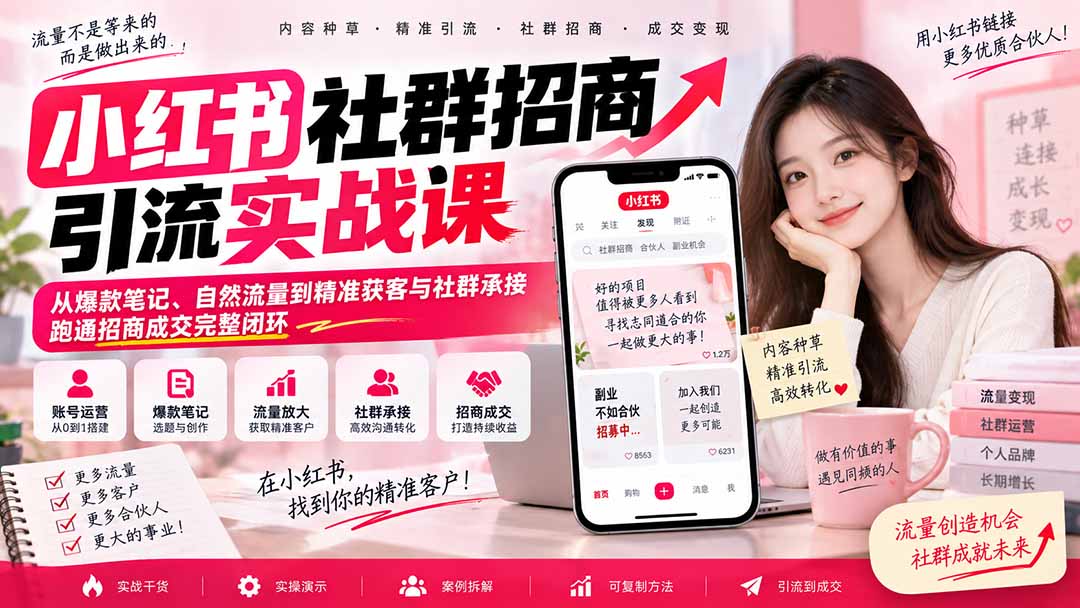 小红书社群招商引流实战课-无水印：从爆款笔记、自然流量到精准获客与社群承接，跑通招商成交完整闭环-我爱发帖
