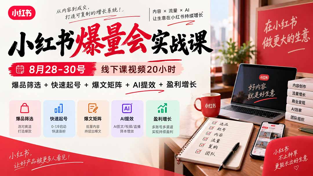 小红书爆量会实战课-更新9月17：线下课视频20小时，爆品筛选+快速起号+爆文矩阵+AI提效+盈利增长-喜学网
