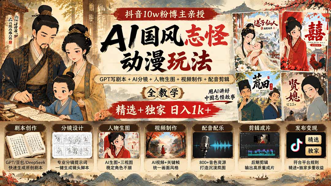 抖音10w粉博主亲授AI国风志怪动漫玩法｜GPT写剧本+AI分镜+人物生图+视频制作+配音剪辑全教学｜精选+独家日入1k+-喜学网