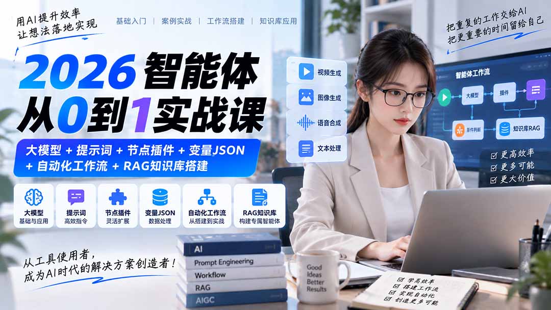 2026智能体从0到1实战课｜大模型+提示词+节点插件+变量JSON+自动化工作流+RAG知识库搭建福星网赚创业资源-网赚项目-副业赚钱-互联网创业-资源整合福星网赚资源