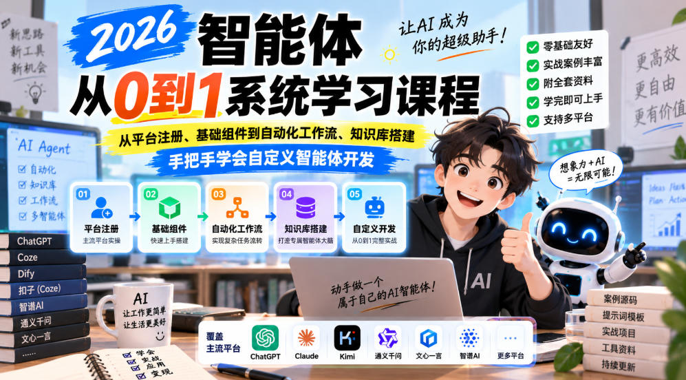 2026智能体从0到1系统学习课程，从平台注册、基础组件到自动化工作流、知识库搭建，手把手学会自定义智能体开发-喜学网