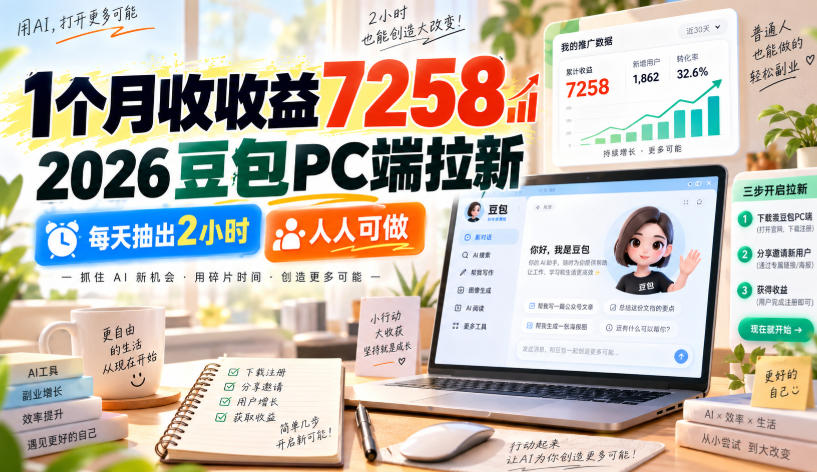 1个月收收益7258，2026豆包PC端拉新，每天抽出2小时，人人可做-喜学网