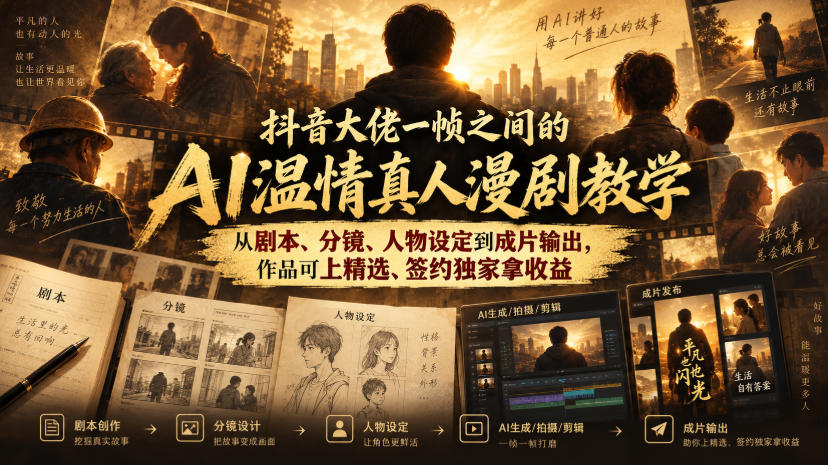 抖音大佬一帧之间的AI温情真人漫剧教学，从剧本、分镜、人物设定到成片输出，作品可上精选、签约独家拿收益-喜学网