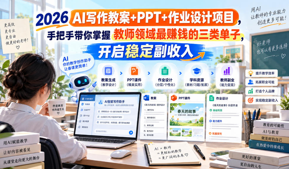 2026 AI写作教案+PPT+作业设计项目，手把手带你掌握教师领域最賺钱的三类单子，开启稳定副收入-喜学网