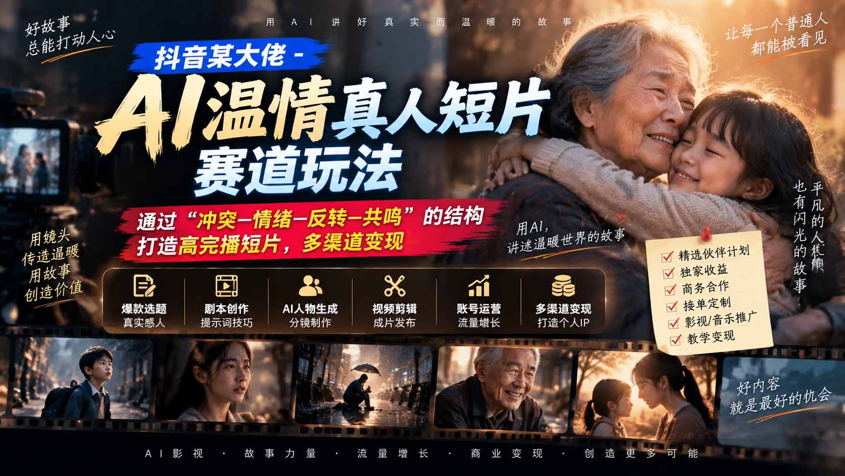 抖音某大佬-AI温情真人短片赛道玩法：通过“冲突—情绪—反转—共鸣”的结构打造高完播短片，多渠道变现-喜学网