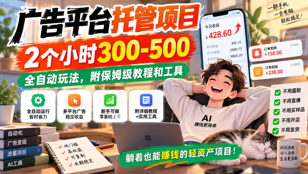广告平台托管项目,2个小时300-500,全自动玩法,附保姆级教程和工具,小白照着就能做【揭秘】