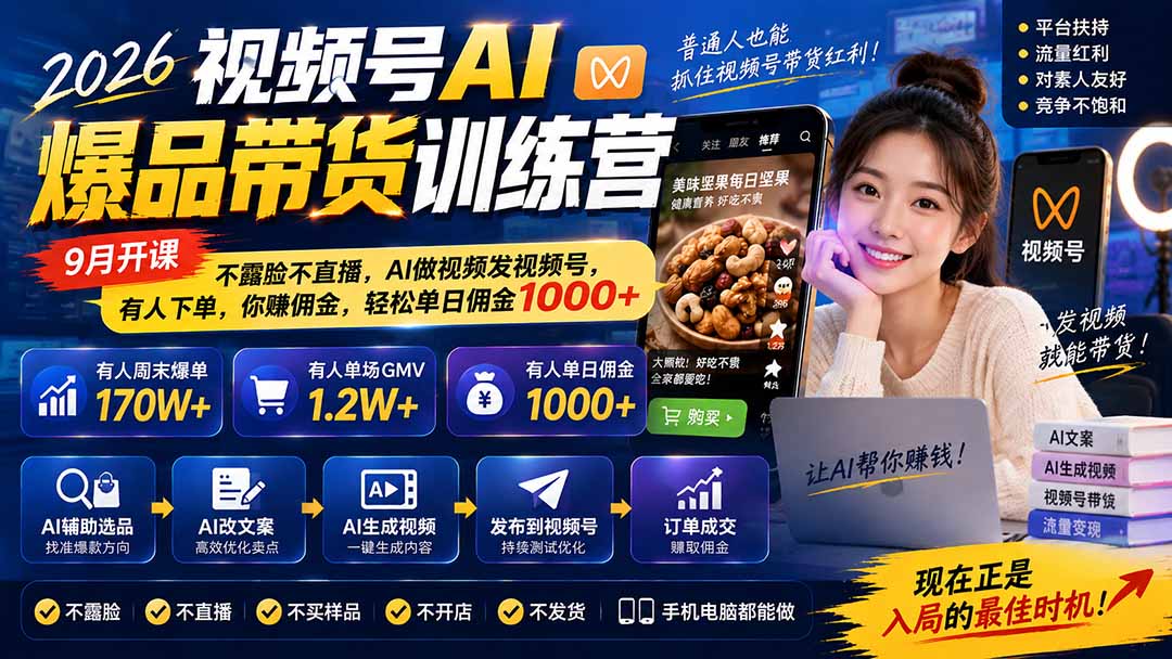 2026视频号AI爆品带货训练营-9月开课｜不露脸不直播，AI做视频发视频号，有人下单，你赚佣金，轻松单日佣金1000+-喜学网
