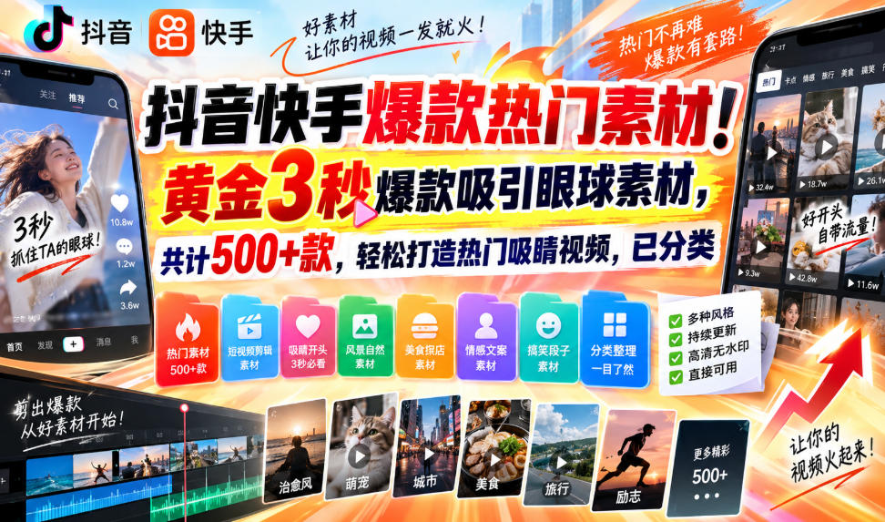 抖音快手爆款热门素材！黄金3秒爆款吸引眼球素材，共计500+款，轻松打造热门吸睛视频，已分类-喜学网
