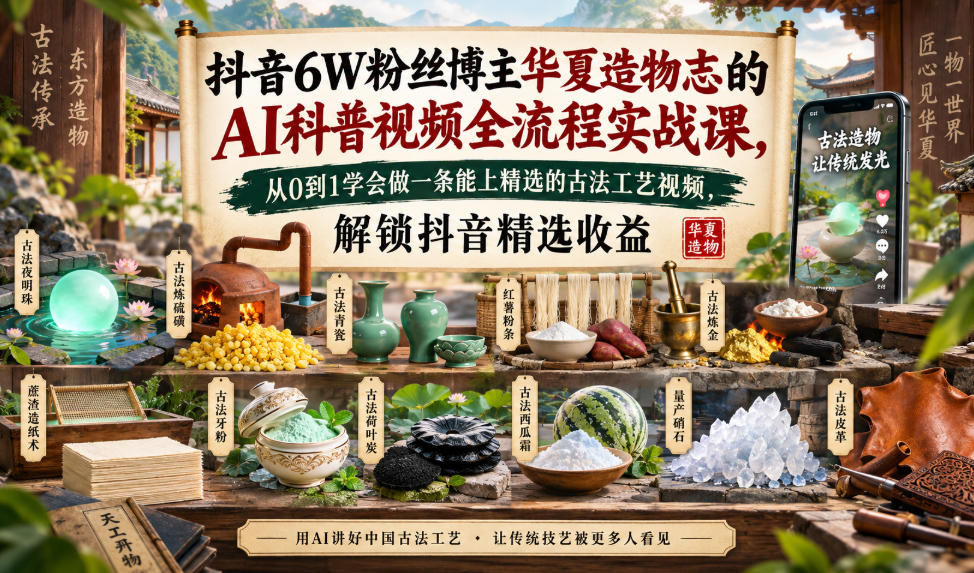 抖音6W粉丝博主华夏造物志的AI科普视频全流程实战课，从0到1学会做一条能上精选的古法工艺视频，解锁抖音精选收益-喜学网