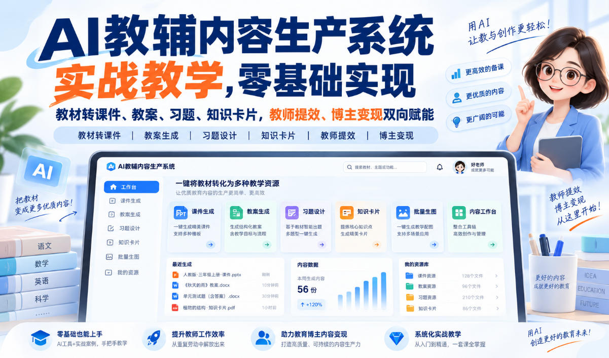 AI教辅内容生产系统实战教学，零基础实现教材转课件、教案、习题、知识卡片，教师提效、博主变现双向赋能福星网赚创业资源-网赚项目-副业赚钱-互联网创业-资源整合福星网赚资源