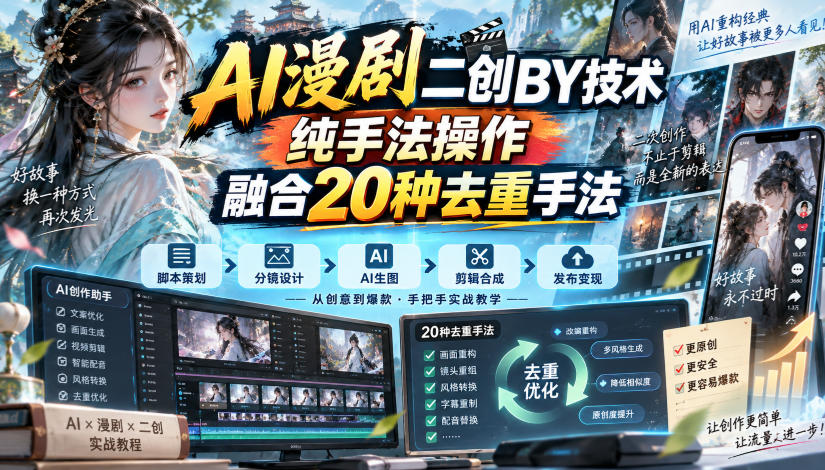 AI漫剧二创搬运技术，纯手法操作，融合20种去重手法-喜学网