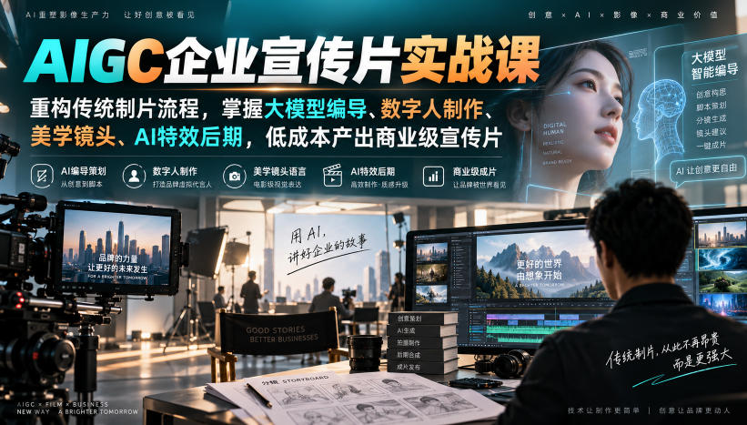AIGC企业宣传片实战课，重构传统制片流程，掌握大模型编导、数字人制作、美学镜头、AI特效后期，低成本产出商业级宣传片-喜学网