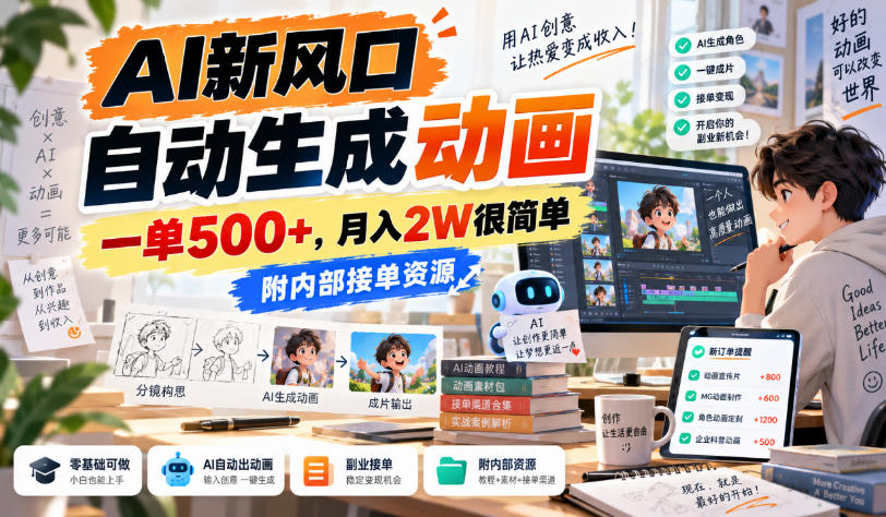AI新风口，自动生成动画，一单500+，月入2W很简单，附内部接单资源【揭秘】-喜学网