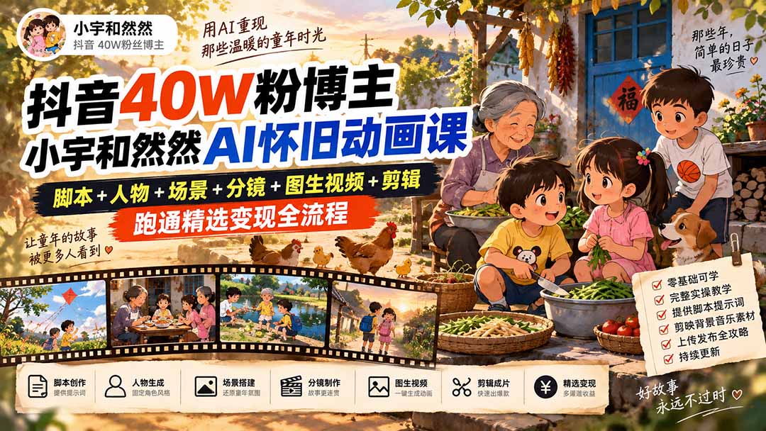 抖音40W粉博主小宇和然然AI怀旧动画课｜脚本+人物+场景+分镜+图生视频+剪辑，跑通精选变现全流程-喜学网