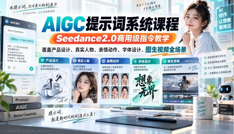 AIGC提示词系统课程，Seedance2.0商用级指令教学，覆盖产品设计、真实人物、表情动作、字体设计、图生视频全场景-喜学网