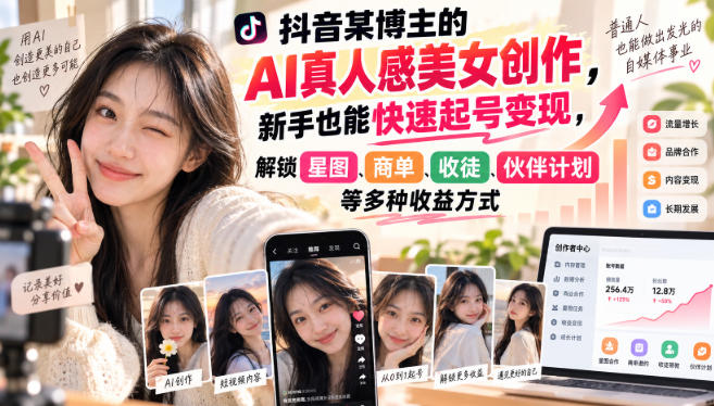抖音某博主的AI真人感美女创作，新手也能快速起号变现，解锁星图，商单，收徒，伙伴计划等多种收益方式-喜学网