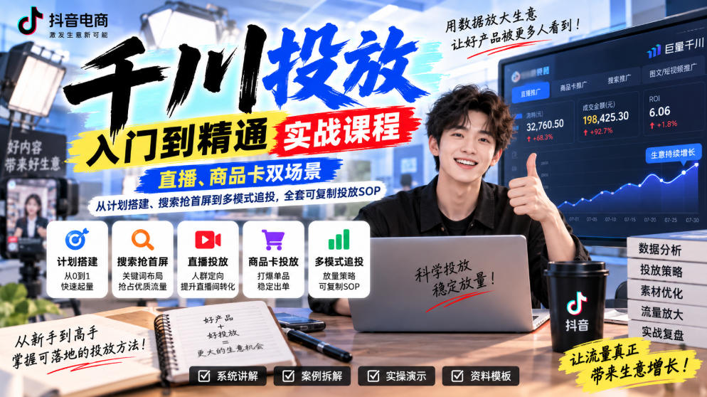 千川投放入门到精通实战课程，直播、商品卡双场景，从计划搭建、搜索抢首屏到多模式追投，全套可复制投放SOP-喜学网