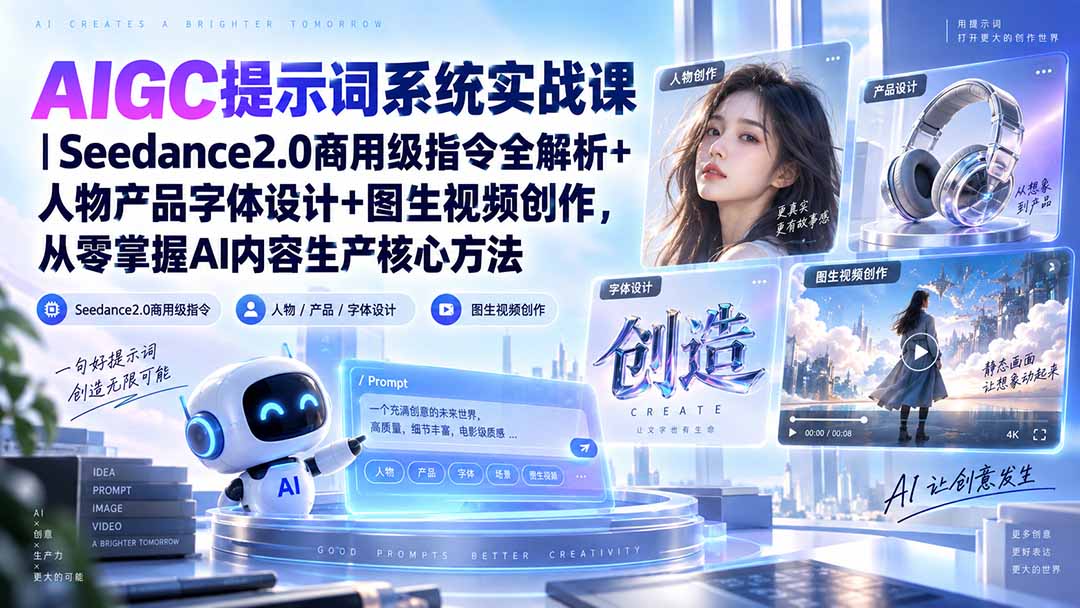 AIGC提示词系统实战课-无水印｜Seedance2.0商用级指令全解析+人物产品字体设计+图生视频创作，掌握AI内容生产方法-喜学网