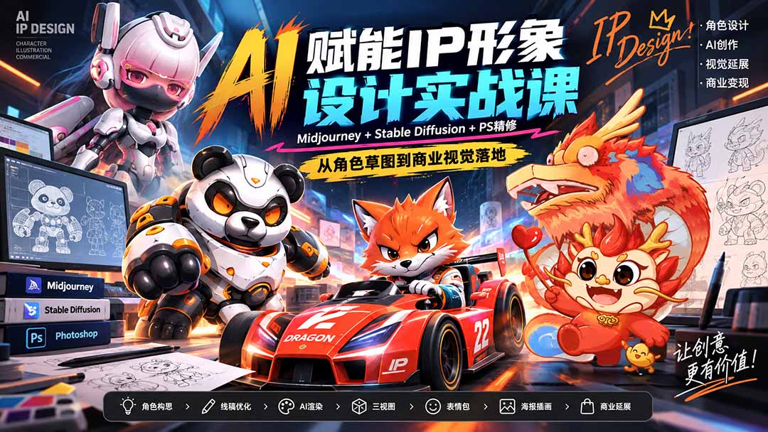 AI赋能IP形象设计实战课-无水印：Midjourney+Stable Diffusion+PS精修，从角色草图到商业视觉落地-喜学网