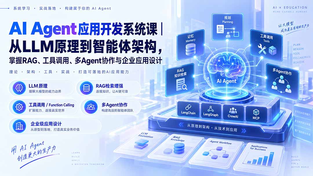 AI Agent应用开发系统课-179节｜从LLM原理到智能体架构，掌握RAG、工具调用、多Agent协作与企业应用设计-喜学网