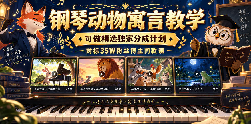 钢琴动物寓言教学，可做精选独家分成计划，对标35W粉丝博主同款课-喜学网