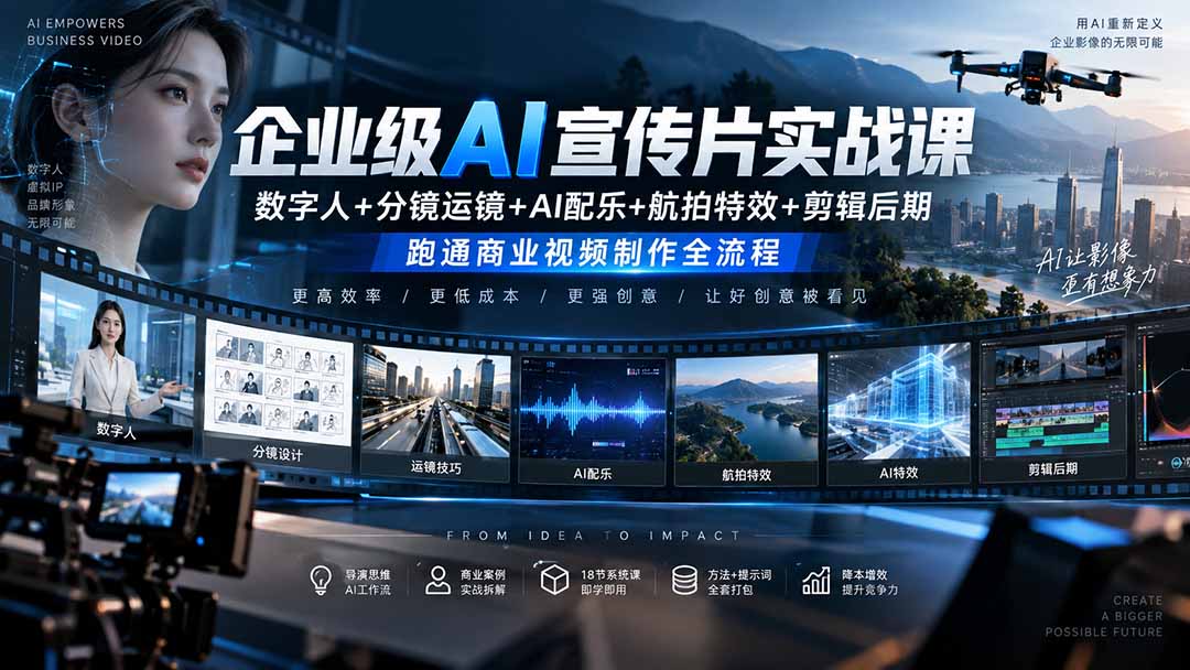 企业级AI宣传片实战课｜数字人+分镜运镜+AI配乐+航拍特效+剪辑后期，跑通商业视频制作全流程-喜学网
