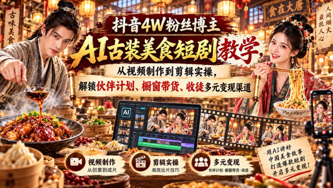 抖音4W粉丝博主AI古装美食短剧教学，从视频制作到剪辑实操，解锁伙伴计划、橱窗带货、收徒多元变现渠道-喜学网