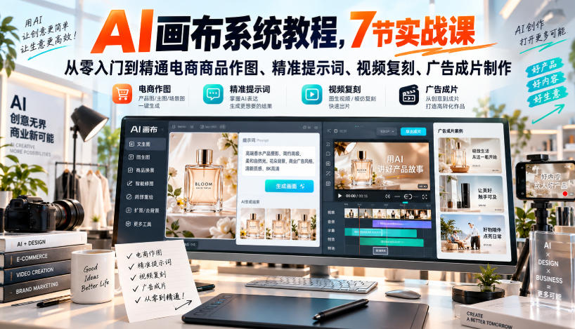 AI画布系统教程,7节实战课从零入门到精通电商商品作图、精准提示词、视频复刻、广告成片制作-喜学网